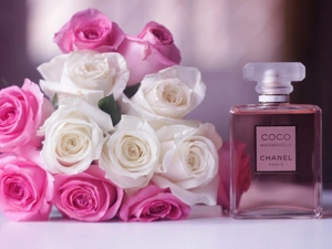 Coco Chanel, perfume, Pink, roses, White