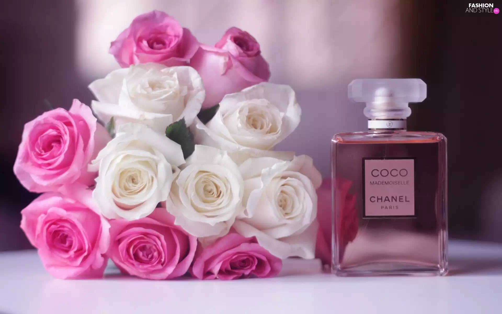 Coco Chanel, perfume, Pink, roses, White